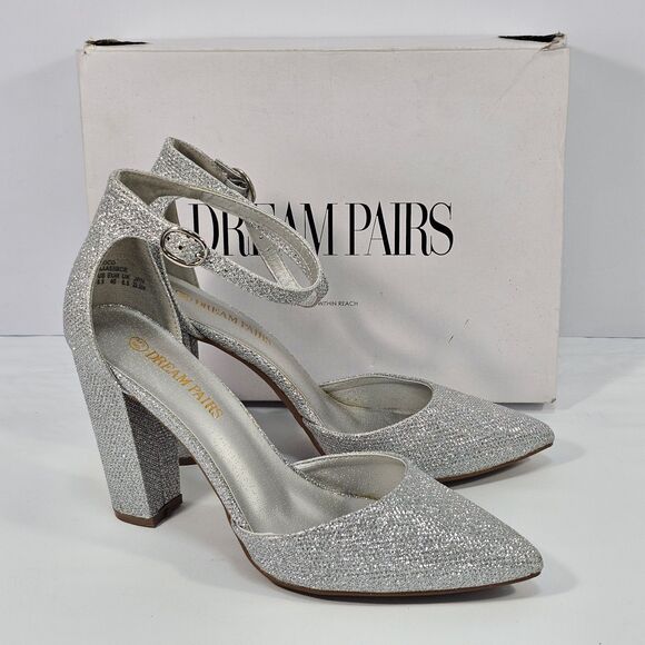 Dream Pairs COCO Silver Glitter Pointed Toe Block Heel Ankle Strap Pumps 8.5 - Picture 1 of 9